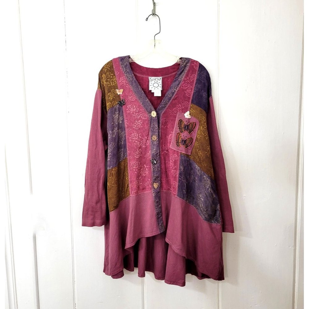 Art to Wear Beaded Butterfly Patchwork Lagen Look Button Front Top - Picture 1 of 7